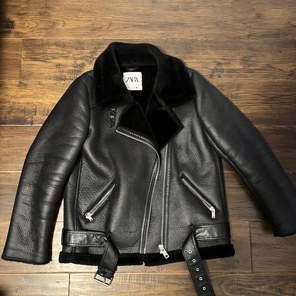 Zara Black Sherling Interior Moto Jacket sz L - Picture 1 of 3